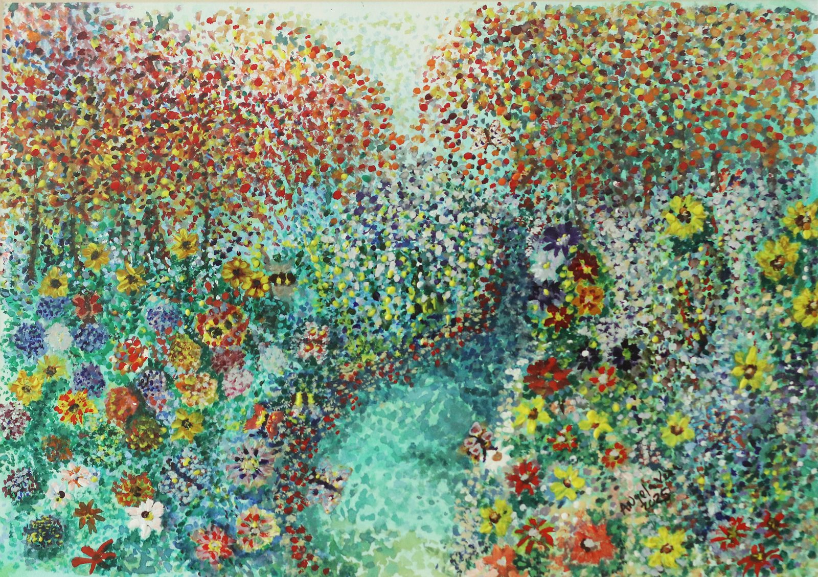 Blooming Serenity — Watercolor pointillism, 2025, by Ángela Vera