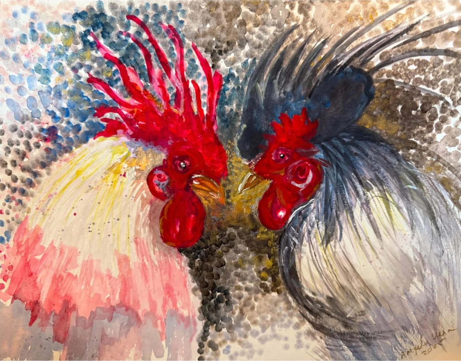 Diálogo entre Gallos — Watercolor on paper, 2026, by Ángela Vera