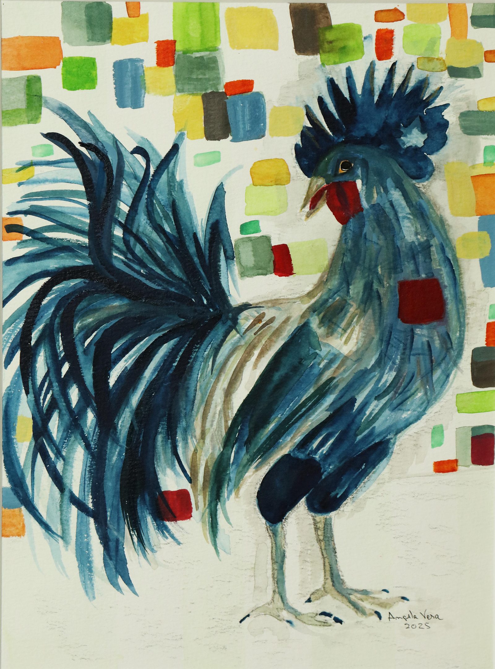 Gallo Vibrante — Watercolor, 2025, by Ángela Vera