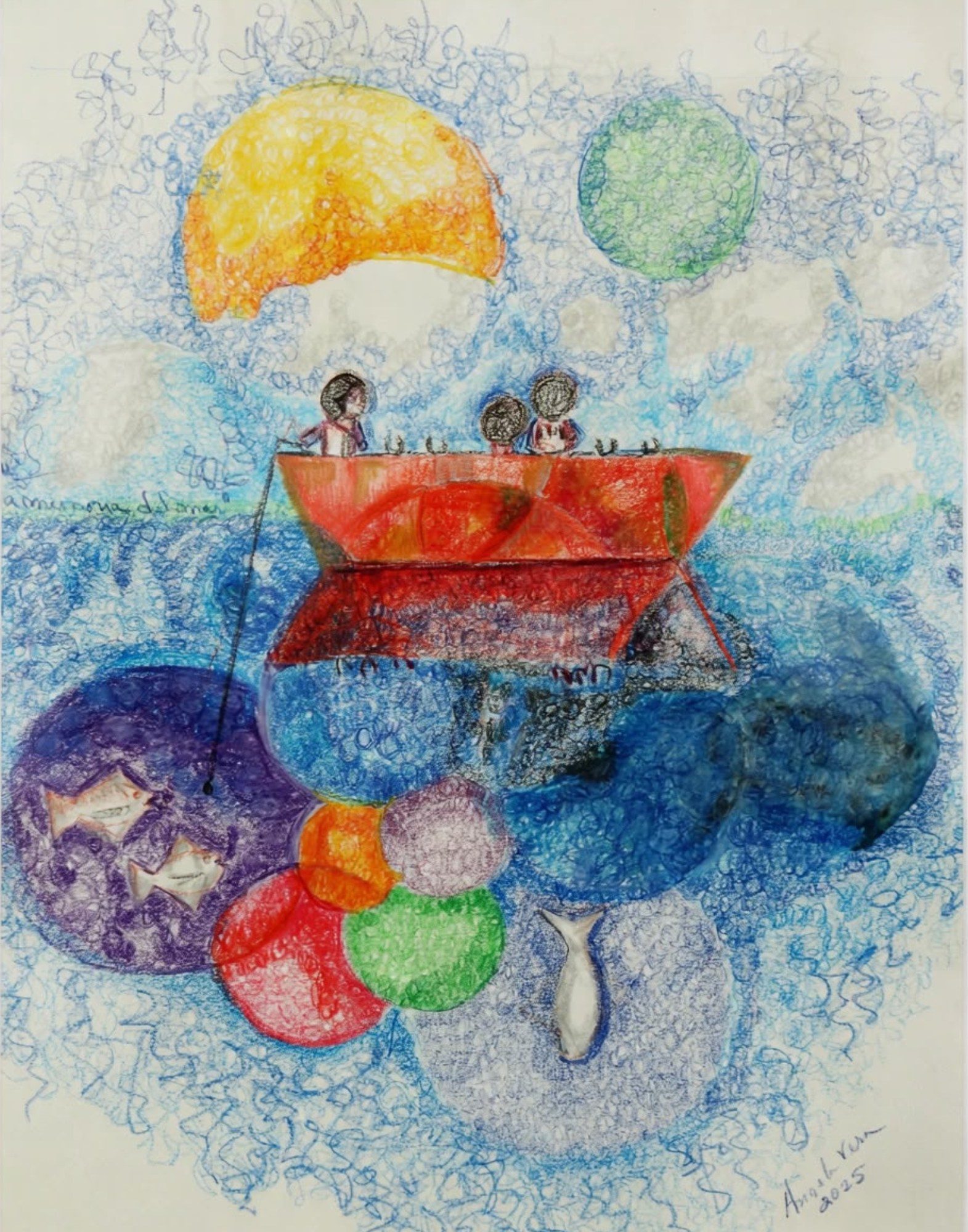 Pescando Memorias — Acuarela, lápiz de color y tinta sobre papel, 2025, by Ángela Vera