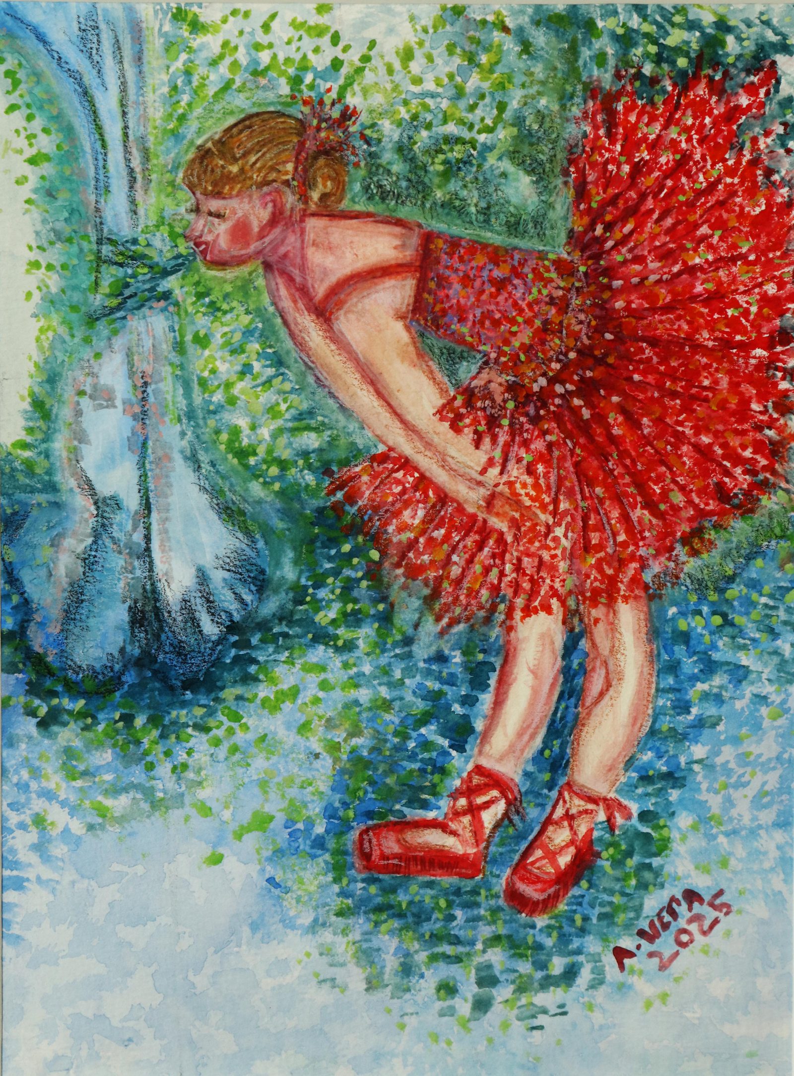 Red Muse — Watercolor & gouache, 2025, by Ángela Vera