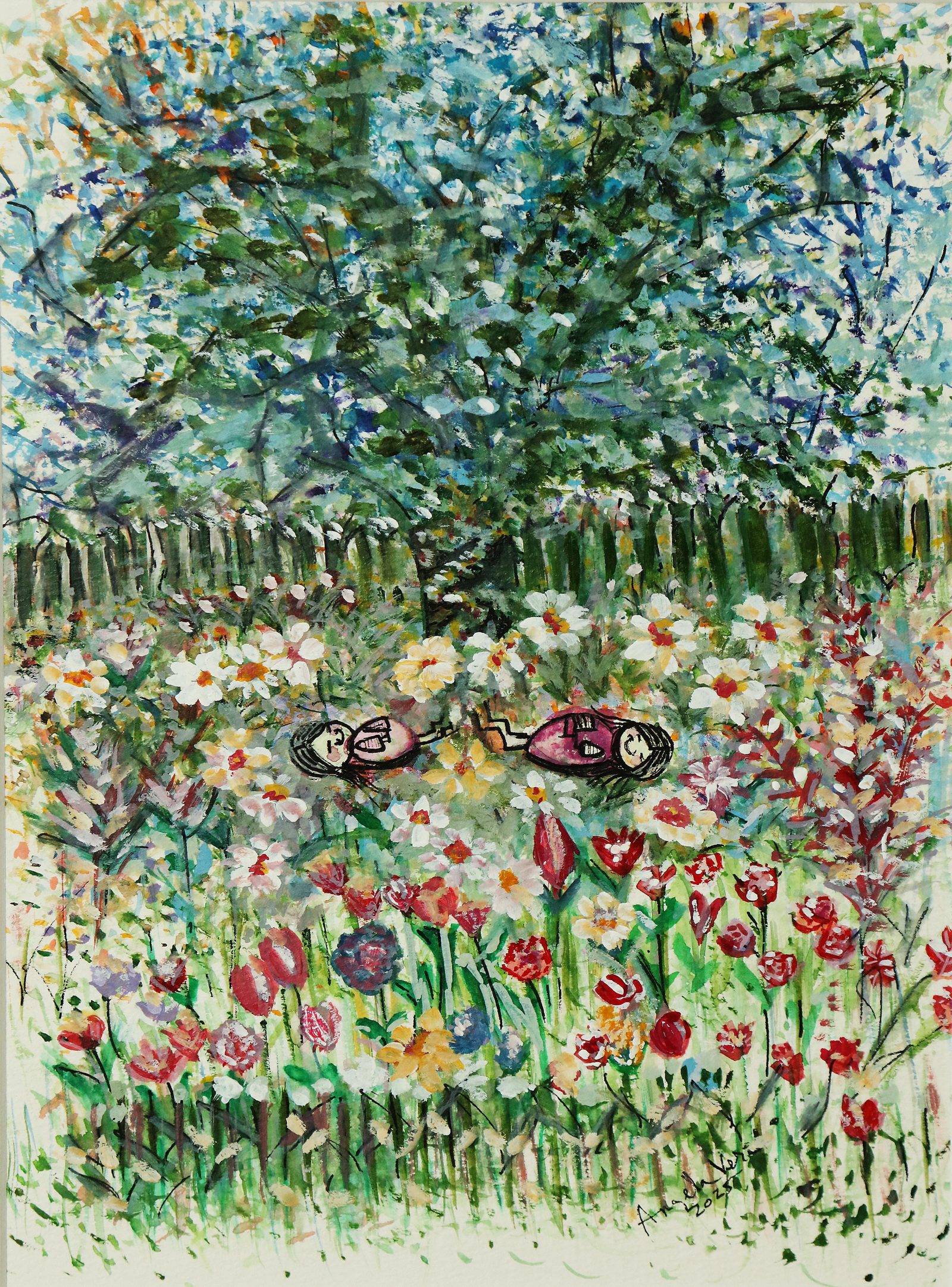 Sisters Bond — Watercolor pointillism, 2025, by Ángela Vera